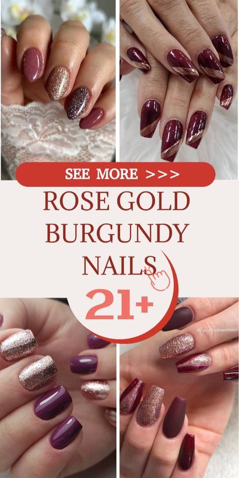 21  Rose Gold Burgundy Nails That’ll Make You Love This Color Combo Maroon And Gold Glitter Nails, Plum And Rose Gold Nails, Nail Designs With Burgundy, Burgundy And Pink Ombre Nails, Maroon And Gold Nail Ideas, Bronze Nails Designs Rose Gold, Rose Gold Winter Nails, Rose Gold Tips Nails, Mauve And Gold Nails