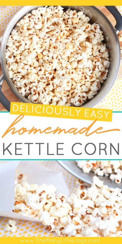 There are few treats I like more than the simplicity of old-fashioned kettle corn. And making it at home is easier than you might think--with just a few ingredients and five minutes of cooking, movie night just got so much better! Homemade Kettle Corn, Kettle Corn Recipe, Popcorn Recipes Easy, Cooking Movies, Kettle Corn, Popcorn Recipes, Homemade Snacks, Snack Mix, Snack Time