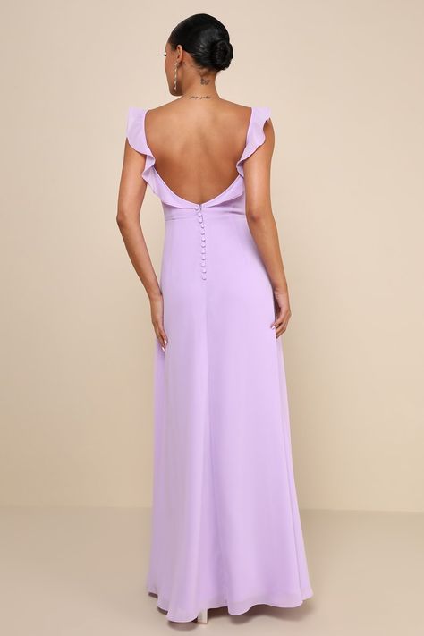 Lilac Maxi Dress - Ruffled Strap Dress - Backless Dress - Lulus Light Purple Bridesmaid Dress, Pastel Long Dress, Bridesmaid Dresses Lavender, Wedding Guest Dress Black Tie, Moh Dress, Long Purple Dress, Lilac Prom Dress, Affordable Formal Dresses, Lavender And Lilac