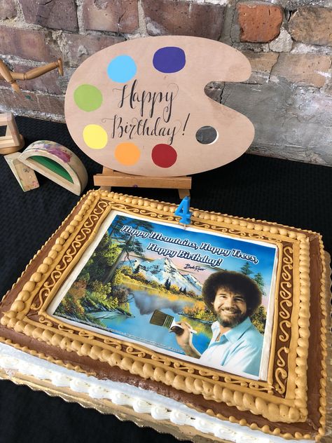 Bob Ross Party Ideas, Bob Ross Cake, Bob Ross Birthday Party, Bob Ross Party, Bob Ross Birthday, Disney Wedding Cake, Bob Ross Paintings, Art Birthday Party, Barbie Party