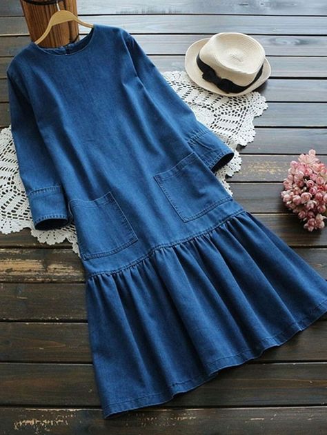 Fashion Hijab Casual, Casual Maxi Skirt, Casual Denim Dress, Pleated Dresses, Womens Denim Dress, Salwar Kamiz, Denim Dresses, Trendy Fashion Tops, Muslimah Fashion