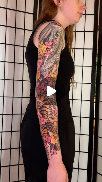 Matt - Neotrad Tattoos on Instagram: "Trekking back and forth from ohio to nyc, we completed  this sleeve in 5 sessions. The hummingbird was already there but I brought it back to life and surrounded it with cohesive flowers that were incorporated in the rest of the arm. ⁣ ⁣ #animaltattoo #tattoosleeve #elephanttattio #tigertattoo #hummingbirdtattoo #neotrad #neotraditional #neotradsleeve #" Neo Traditional Full Sleeve, Hummingbird Tattoo Neo Traditional, Hummingbird Sleeve Tattoo, Hummingbird Neotraditional, Neotraditional Sleeve, New School Hummingbird Tattoo, Fox And Hummingbird Tattoo, Neotrad Tattoos, Hummingbird Tattoo