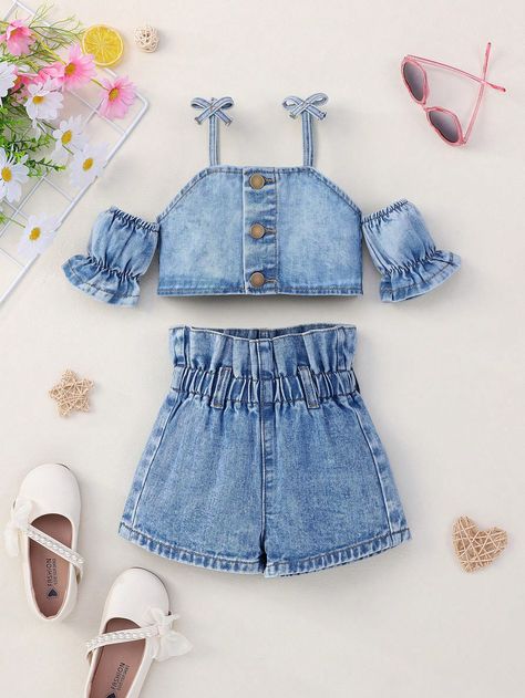 Dark Wash Casual Collar   Plain  Embellished Non-Stretch  Young Girls Clothing Girls Denim, Denim Outfit, Girls Clothing, Toddler Girls, Kids Wear, Diy Fashion, Women's Fashion Dresses, Toddler Girl, Cold Shoulder