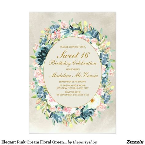 Elegant Pink Cream Floral Greenery Sweet 16 Invitation #zazzlemade 18th Invitation, Vintage Birthday Invitations, 75th Birthday Invitations, Elegant Birthday Invitations, Birthday Elegant, 90th Birthday Invitations, Flower Birthday Party, 60th Birthday Party Invitations, 30th Birthday Party Invitations