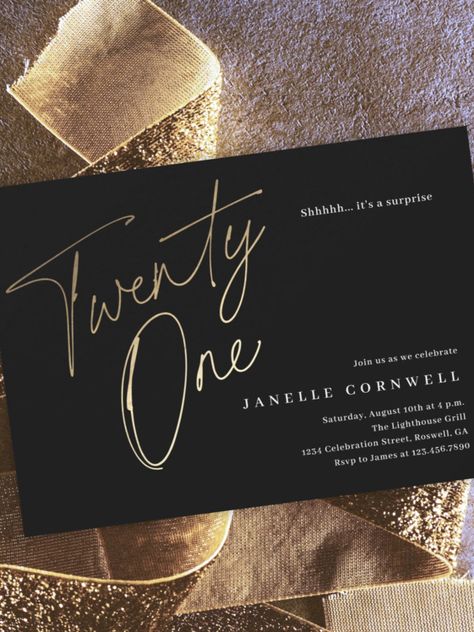 Minimalist Script Black and Gold 21st Birthday Invitation Modern minimalist 21st birthday party invitation features stylish faux gold foil number handwritten script Twenty One and your party details in classic serif font on black background color, simple and elegant #21th #minimalist #birthday #happybirthday #birthdaycards #birthdayparty #elegant #minimalist 21st Black And Gold Theme, 21st Bday Invites Invitation Ideas, 21 Bday Invitations, Black And Gold Birthday Invite Template, 21st Birthday Evite, Classic Serif Fonts, 21st Birthday Invitations, Birthday Party 21, Modern Invitation