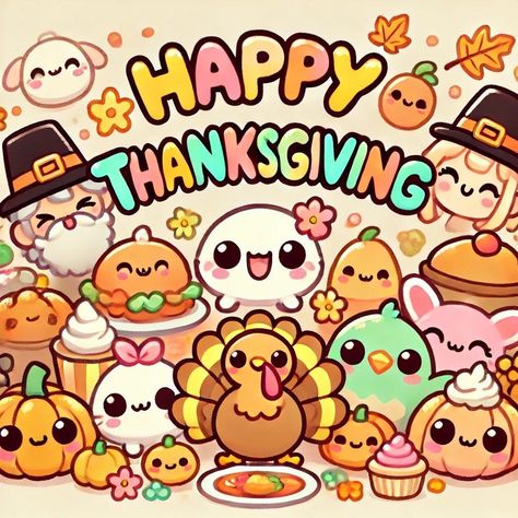 This adorable Kawaii-style Thanksgiving illustration features a happy turkey surrounded by cute pumpkins, pies, and festive harvest symbols. Perfect for celebrating the holiday in a fun and playful way. Thanksgiving Cartoon Aesthetic, Cute Thanksgiving Drawings, Thanksgiving Animation, Kawaii Turkey, Thanksgiving Turkey Drawing, Thanksgiving Kawaii, Preppy Thanksgiving, Cute Thanksgiving Wallpaper, Kawaii Thanksgiving