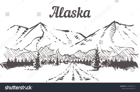 Alaska skyline sketch, Alaska road to snowy mountains hand drawn illustration isolated on white background. #Ad , #ad, #road#snowy#mountains#Alaska Alaska Sketch, Alaska Drawing, Finding Alaska, Skyline Sketch, Alaska Mountains, Alaska Art, Becoming A Tattoo Artist, Mountain Drawing, Illustration Ideas