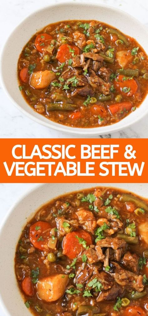 Classic Beef and Vegetable Stew slow cooked to perfection. Perfect for those cool winter nights. Winter Brunch Ideas, Beef And Vegetable Stew, Beef Vegetable Stew, Healthy Main Meals, Vegetable Stew Recipe, Winter Brunch, The Stew, Brunch Casserole, Slow Cooked Beef