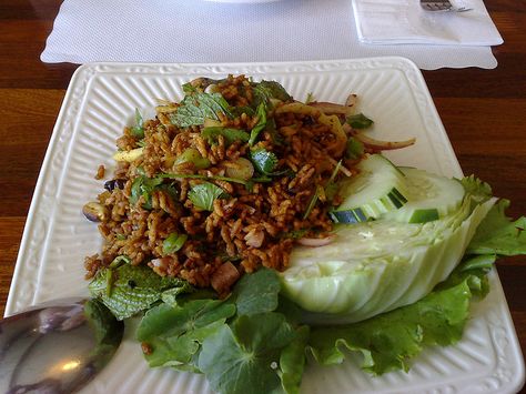 Nam Kao Tod - Lotus of Siam Asian Inspired Dishes, Asian Fusion, Rice Salad, Thai Restaurant, Rice Crispy, Thai Recipes, Chili, Rice, Salad