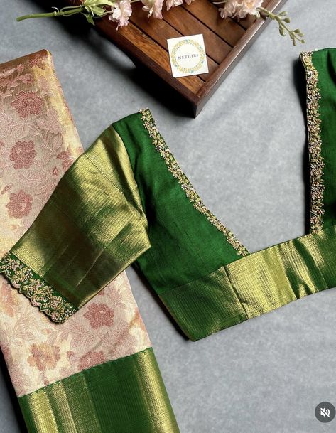 Thread Work Blouse Designs For Pattu, Simple Work For Pattu Blouses, Maggam Work For Green Blouse, Silk Work Blouse Designs, Pattu Blouse Models, Green Colour Saree Contrast Blouse, Work Saree Blouse Designs Latest, Green Silk Saree Blouse Design, Pattu Saree Blouse Neck Designs