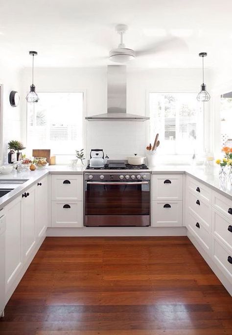 Stove Between Two Windows, Queensland Homes, Steel Countertops, Queenslander Renovation, Kitchen With White Cabinets, Stove Hood, Kitchen Colours, Lovely Kitchen, Kitchen Black