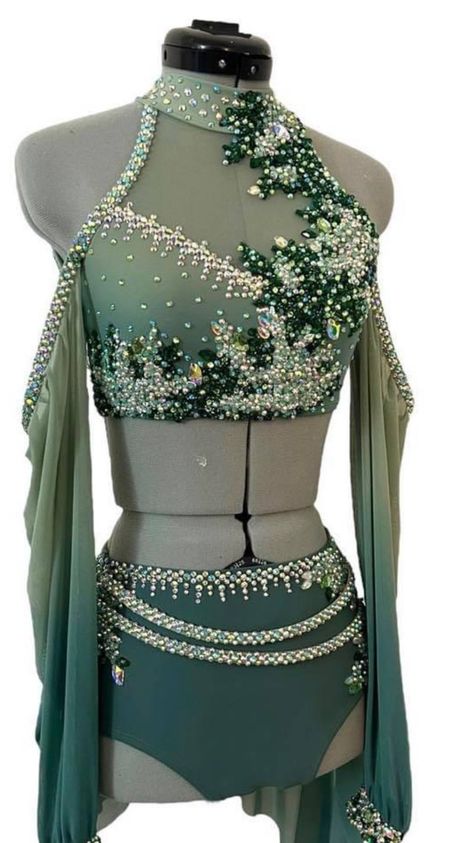 Dance Costumes 2 Piece, Ocean Dance Costume, Dark Green Dance Costume, Dance Costume Patterns, Salsa Costumes, Modern Dance Costumes, Contemporary Dance Outfits, Majorette Outfits, Salsa Costume