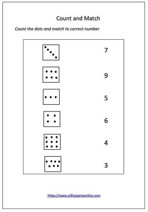 Kindergarten worksheet for learning counting of objects and matching to correct number. In this worsheet kids have to count the number of dots in each box and match them to appropriate numbers. Counting Worksheets, Number Matching, Kindergarten Worksheets, Template Printable, Bbc, Template Design, Kindergarten, Dots