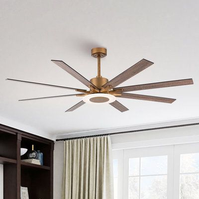 This modern 8-blade ceiling fan effortlessly combines style with functionality in your great room or large living area. With a 65" span and a sleek finish, the fan adds a contemporary feel to any space. The fan features an integrated LED light kit, providing energy-efficient illumination that's dimmable to set the mood. Plus, its acrylic white shade complements the fan body and blade colors, while the reversible motor offers six speeds for customized air circulation. This fan is compatible with Cieling Fans, Large Ceiling Fan, Scandinavian Ceiling, Windmill Ceiling Fan, Living Room Ceiling Fan, Large Ceiling Fans, Room Fan, Color Madera, Beige Living Rooms