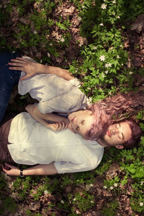 couple in love lying in the woods by Aleshyn Andrei on Creative Market Spring Home Decor Ideas, Forest Engagement Photos, Narrative Photography, Fall Engagement Pictures, Forest Engagement, Outdoor Family Photos, Spring Forest, Black Color Hairstyles, Couple In Love