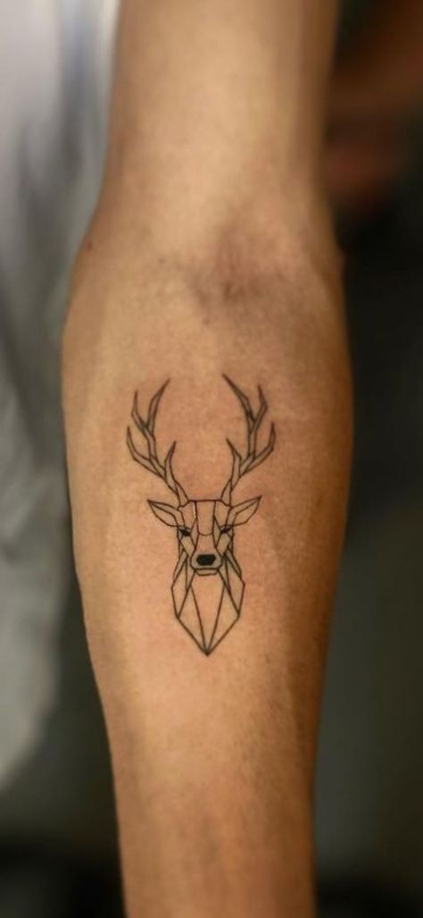 Stag Tattoo Minimalist, Men Line Tattoo Ideas, Masculine Minimalist Tattoo, Deer Tattoo Minimalist, Deer Arm Tattoo, Deer Line Tattoo, Fine Line Deer Tattoo, Deer Geometric Tattoo, Stag Tattoo Men