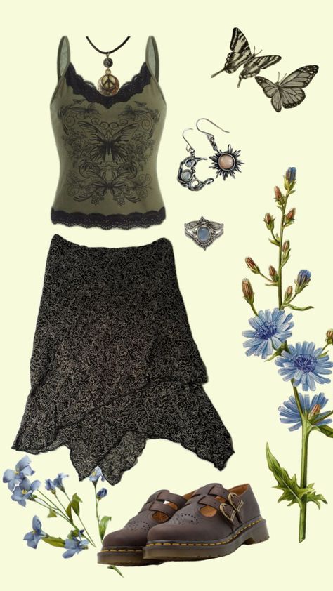 Created by citynymphthrifts on Shuffles Fairy Grunge Outfit Ideas, Grunge Hippie Outfits, Grunge Outfit Ideas, Fairy Grunge Outfit, Fairycore Outfit, Grunge Hippie, Grunge Outfit, Asymmetrical Skirt, Fairy Grunge