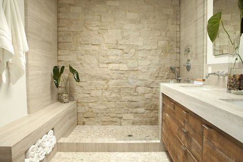 Pebble Shower Floor, Wood Tile Bathroom, Bathroom Seat, Pebble Floor, Relaxing Bathroom, Stone Ideas, French Country Bathroom, Shower Wall Tile, Bathroom Accent Wall