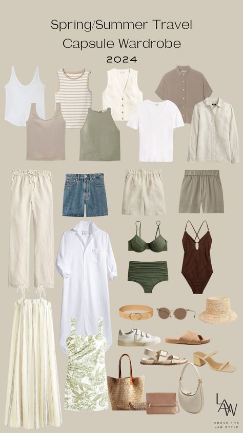 Spring/Summer Travel Capsule Wardrobe 2024 - Above The L.A.W. Style Cute Summer Travel Outfits, Beach Capsule Wardrobe, Minimal Summer Outfits, Summer Travel Capsule Wardrobe, Summer Travel Capsule, Europe Travel Outfits Summer, Travel Capsule Wardrobe Summer, Comfortable Travel Outfit, Minimalist Wardrobe Capsule