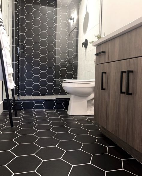 Black Octagon Tile Bathroom, Black Octagon Tile, Octagon Tile Bathroom, Bathrooms 2024, Octagon Tile, Black Tile Bathrooms, Condo Bathroom, Shower Tiles, Townhouse Interior