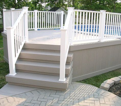 Decks Around Pools, Pool Deck Plans, Swimming Pool Decks, Deck Steps, Deck Colors, Composite Deck, Above Ground Pool Landscaping, Above Ground Pool Decks, Deck Railing