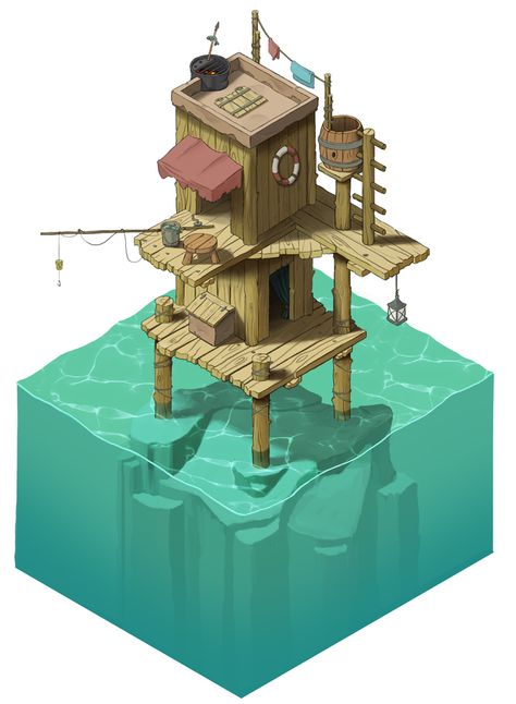 Huts, shacks and shelters on Behance Fish Hut, Minimalist Wallpaper Phone, Minecraft Images, Fishing Shack, Fishing Cabin, Isometric Art, Isometric Design, Landscape Concept, Architecture Tattoo