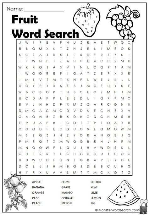 Word Puzzles For Kids, Kids Word Search, Free Printable Word Searches, Word Search Printables, English Grammar Worksheets, Free Fruit, English Worksheets For Kids, Word Search Puzzles, Word Searches