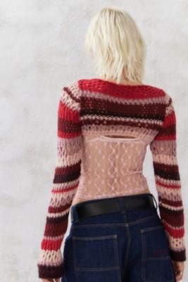 Super-soft crochet knit shrug in a boho stripe design. Features a slash neck, drop shoulders, long sleeves and a super-cropped hem in an easy cover-up style. **Content + Care** \- 76% Acrylic, 24% Polyamide \- Machine wash inside out **Size + Fit** \- Model is 175cm/5'9" and wearing size Small | Urban Outfitters UO Red Stripe Laguna Crochet Shrug - Red S Urban Outfitters Crochet, Soft Crochet, Knit Shrug, Crochet Shrug, Red Fits, Red S, Red Stripe, Spring Looks, Up Styles