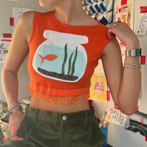 Fish Tank!!! Ft. beaded fringe #🐟 Patch Work Ideas, Patch Work Shirt, Costume Department, Clothes Embroidery, Patchwork Ideas, Clothes Embroidery Diy, Patchwork Clothes, Mode Hippie, Embroidery Diy