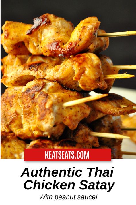 Thai Chicken Satay Recipe, Thai Satay Chicken, Thai Chicken Satay With Peanut Sauce, Thai Authentic Recipes, Thai Food Recipes Authentic, Sate Chicken, Thai Starters, Chicken Satay Marinade, Tai Food Recipes