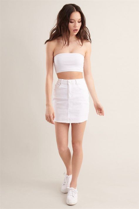 White Tube Outfit, Tube Outfit, White Tube Top, Garage Clothing, White Tube, White Denim Shorts, Next Clothes, Denim Mini Skirt, White Denim