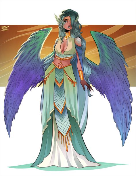 Bird Person Character Design Female, Dnd Harpy Art, Confident Character Design, Winged Character Outfits, Female Oc With Wings, Dnd Aasimar Female Bard, Harpy Dnd Character, Harpy Character Art, Harpy Concept Art