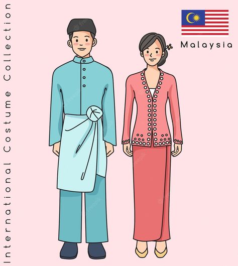 Baju Melayu Drawing, Traditional Dresses Malaysia, Malaysia Traditional Dress, Asian Culture Outfit, Malay Traditional Clothes Women, Malaysia Traditional Clothes, Traditional Malay Clothes, Malaysia Costume, Malay Traditional Clothes