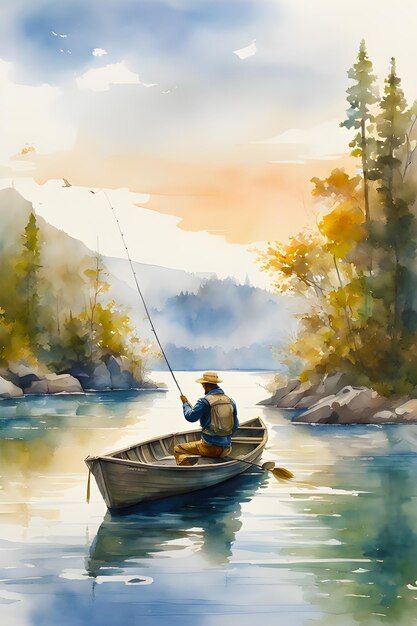 Foto un hombre en un barco pescando acua... | Premium Photo #Freepik #photo #pescador #pesca #hombre-pescando #cana-pescar Fishing Landscape, Man Fishing, Fish Clipart, Scrapbooking Journal, Fish Man, Santa Lucia, Natural Scenery, Mountain Lake, Paintings Art Prints