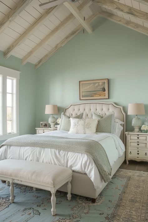 130+ Serene Coastal Bedroom Decor Ideas Coastal Bedroom Decor, Modern Coastal Bedroom, Green Farmhouse, Bedroom Decorating Tips, Farmhouse Bedroom Decor Ideas, Coastal Bedroom Decorating, Sage Green Walls, Sleek Furniture, Green Bedroom