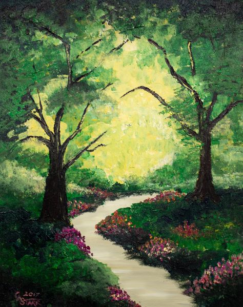 Imagine walking this winding path with someone special. The beautiful landscape gives you peace as you stroll into its wonderment. Warmth from the glow of light envelopes you. Arm in arm you continue. Can you spend the afternoon here? Signed by the artist. Dated: 2017 Dimension: 16"x 20"Medium: Acrylic PaintMaterial: Stretched Cotton Canvas Depth of Canvas: 3/4" (Will protrude from the wall 3/4")Ready to Hang: Sides are painted and a wire is included across the back. Easy to hang. Frame: Not inc Impressionist Art Easy, Peaceful Paintings Easy, Impressionism Art Easy, Forest Painting Acrylic Easy, Forest Painting Easy, Complex Paintings, Magical Landscapes, Impressionism Landscape, Simple Landscape