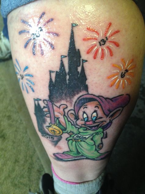 My Dopey Challenge Reward!!! Dopey Challenge Tattoo Ideas, Dopey Challenge Tattoos, Rundisney Tattoo, Challenge Tattoo, Disney Running Tattoo, Disney Sidekicks Tattoo Sleeve, Disney Sidekicks Tattoo, Running Tattoos, Rundisney Costumes