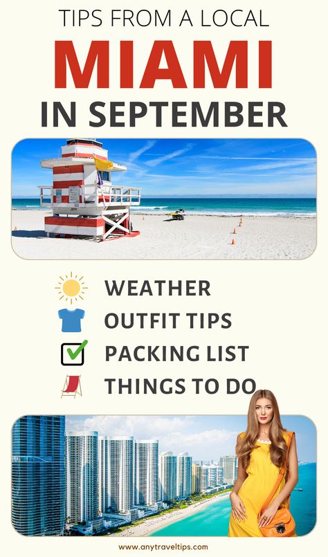 Everything you should know when visiting Miami, Florida in September: Weather (sun, rain, storms), what to wear (outfit tips and packing tips), and the best things to do! From a local! Save this essential pin... April Weather, September Outfits, Night Scenes, October Outfits, Florida Outfits, Outfit Tips, Florida Weather, Miami Travel, Beach Weather