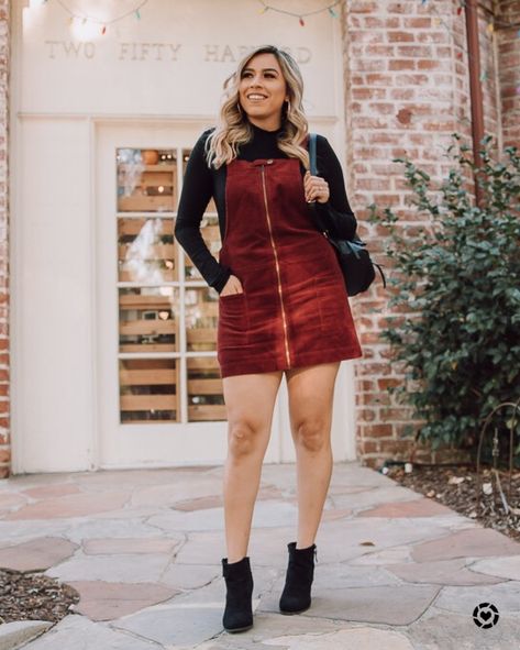 Maroon Corduroy overall dress paired with black booties! *Shop my daily looks by following me on the LIKEtoKNOW.it app*  #liketkit #LTKunder50 #LTKunder100 #LTKsalealert  @liketoknow.it   http://liketk.it/2xZG9 Corduroy Dress Outfit Fall, Overall Dress Outfit, Corduroy Dress Outfit, Booties Shop, Jumper Dress Outfit, Corduroy Overall, Comfy Fall Outfits, Sleevless Dress, Corduroy Overall Dress