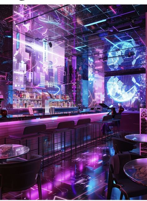 Cyberpunk Hotel Room, Neon Bar Aesthetic, Cyberpunk Nightclub, Cyberpunk Moodboard, Cyberpunk Club, Cyberpunk Bar, Magical Locations, Cyberpunk Interior Design, Futuristic Bar