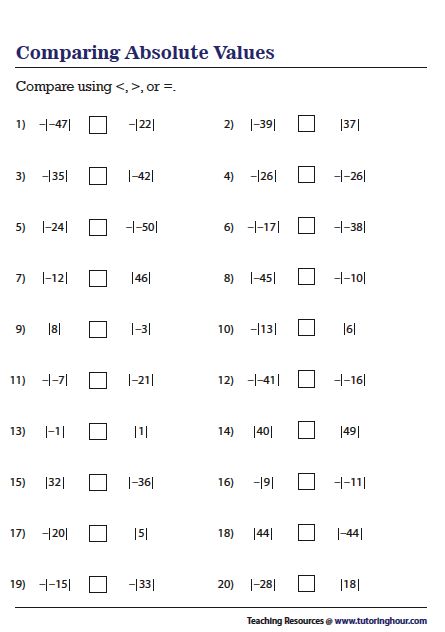 Comparing Absolute Values Absolute Value Worksheet, Value Worksheet, Pre Algebra Worksheets, Teas Test, Math Hacks, Absolute Value Equations, Math Answers, Mathematics Worksheets, Homeschool Worksheets