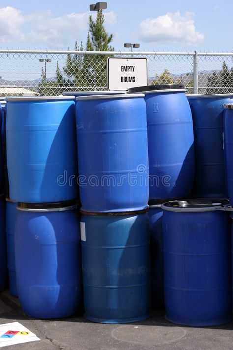 Empty plastic drums for chemicals at a recycling location. Empty plastic drums f , #AFFILIATE, #drums, #plastic, #Empty, #location, #recycling #ad Plastic Drum Ideas, Drum Recycle, Drums For Sale, Bucket Drumming, Plastic Drums, Purple Drum Kit, Chemicals, Cottage Plan, Event Rental