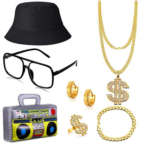 Care Instructions: Dry Clean Only
Super fun costume Kit includes:1 x Dollar sign necklace,1 x Cotton bucket hat,1 xAdjustable Dollar sign ring,1 x 80's Sunglasses,1 x Hip hop earrings, 1 x Chain Bracelet,1 x Inflatable Radio. Classic 90s Outfit, 80s 90s Theme Party, 90s Hip Hop Costume, Rapper Costume, Throwback Day, 90s Fashion Party, Rockstar Birthday, Rockstar Birthday Party, Party Bucket