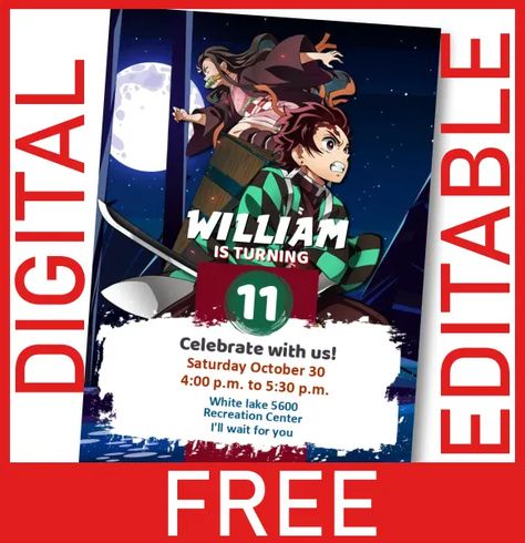 FREE Digital Card Invitation Demon Slayer Birthday Demon Slayer Template, Demon Slayer Birthday, Card Edit, Virtual Card, Lego Birthday, Birthday Card Template, Demon Slayer Kimetsu No Yaiba, Boy Party, 10th Birthday