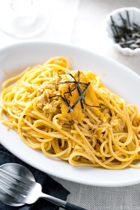 Uni Pasta is a popular Japanese-style spaghetti, which sauce is made with naturally sweet and briny sea urchin, rich cream, and white whine. This luxurious pasta made with delicacy takes just 15 minutes to make and it's so delicious! #unipasta #seaurchin #japanesefood #wafupasta | Easy Japanese Recipes at JustOnecookbook.com Holiday Seafood Recipes, Japanese Rice Dishes, Kabocha Squash Recipe, Garlic Fried Rice, Asian Noodle Recipes, Easy Japanese Recipes, Protein Packed Meals, Japanese Curry, Japanese Recipes