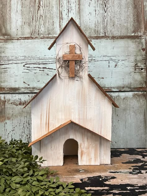 DIY Light Up Church - The Shabby Tree Recycled Tin Cans, Wooden Church, Chalky Finish Paint, Cross Wall Art, The Shabby Tree, Shabby Tree, Diy Light, Craft Booth Displays, Clip Lights