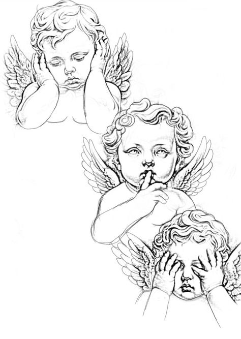 https://pin.it/3d5m7efht Cupid Stencil, Hear No Evil See No Evil Tattoo Stencil, Jr Tattoo, Cherub Tattoo Designs, Angle Tattoo, Dibujos Pin Up, Cupid Tattoo, Cherub Tattoo, Evil Tattoo