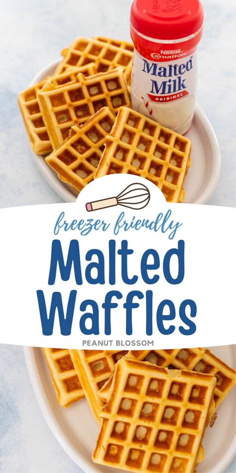 Crispy on the outside and tender on the inside, these malted waffles use malted milk powder for an amazing flavor for your breakfast. Serve them family style or make them ahead and freeze for easy busy morning breakfasts. Freezer Waffles Homemade, Malted Pancake Recipe, Malted Waffles, Malted Waffle Recipe, Waffles Savory, Freezer Waffles, Waffle Batter Recipe, Busy Morning Breakfast, Malted Milk Powder