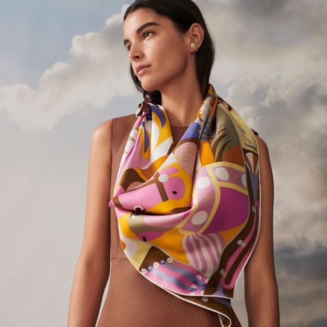 Silk that is not so square | Hermès | Hermès UK Hermes Scarf Outfit, Hermes Dress, Hermes 2023, Silk Scarf Outfit, Hermès Scarf, Scarf Outfit, How To Wear A Scarf, Hermes Accessories, Hermes Scarf