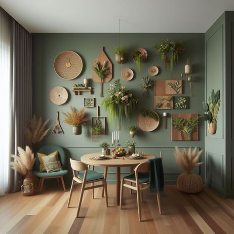 Decorating Green Walls, Plant Wall Dining Room, Minimalist Bohemian Living Room, Vintage Apartment Decor, Green Living Room Decor, Boho Chic Living Room, Boho Living Room Decor, Bohemian Living Room, Living Room Green